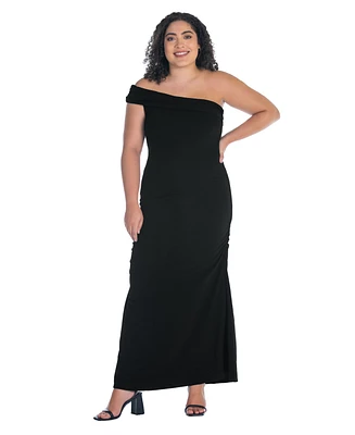 24seven Comfort Apparel Plus Formal One Shoulder Ruched Mermaid Maxi Dress