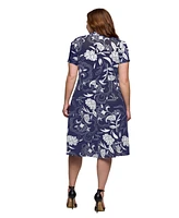24seven Comfort Apparel Plus Size Print Short Sleeve Knee Length V-Neck Wrap Dress