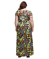 24seven Comfort Apparel Plus Cap Sleeve V-Neck Side Slit Pocket Maxi Dress
