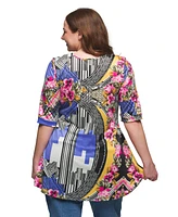 24seven Comfort Apparel Plus Print Elbow Sleeve V-Neck Henley Tunic Top