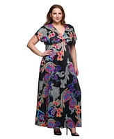 24seven Comfort Apparel Plus V-Neck Empire Waist Cap Sleeve Maxi Dress