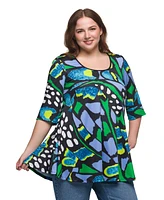 24seven Comfort Apparel Plus Print Elbow Sleeve Casual Tunic Top
