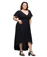 24seven Comfort Apparel Plus V-Neck Belted Faux Wrap High Low Dress
