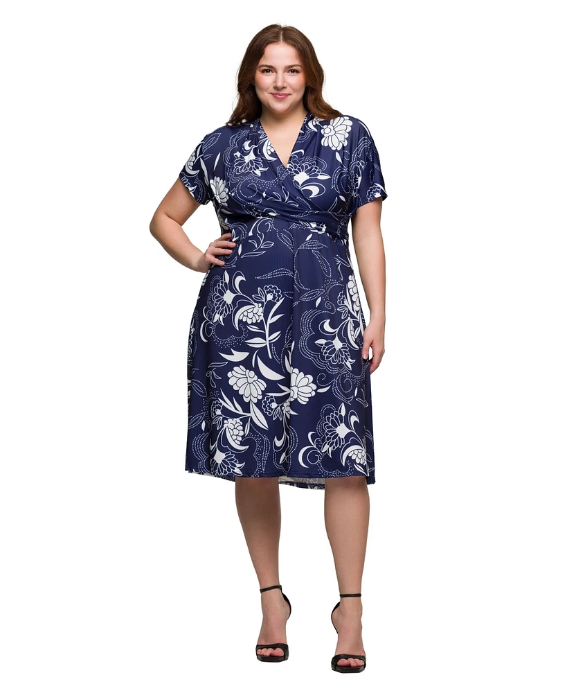 24seven Comfort Apparel Plus Size Print Short Sleeve Knee Length V-Neck Wrap Dress