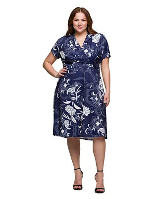 24seven Comfort Apparel Plus Print Short Sleeve Knee Length V-Neck Wrap Dress