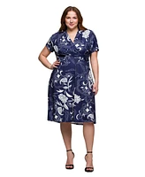 24seven Comfort Apparel Plus Size Print Short Sleeve Knee Length V-Neck Wrap Dress
