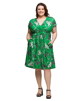 24seven Comfort Apparel Plus Cap Sleeve V-Neck Knee Length Pocket Dress