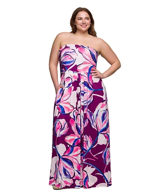 24seven Comfort Apparel Plus A-Line Strapless Maxi Dress with Pockets