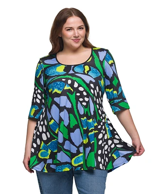 24seven Comfort Apparel Plus Print Elbow Sleeve Casual Tunic Top