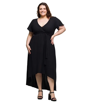 24seven Comfort Apparel Plus V-Neck Belted Faux Wrap High Low Dress