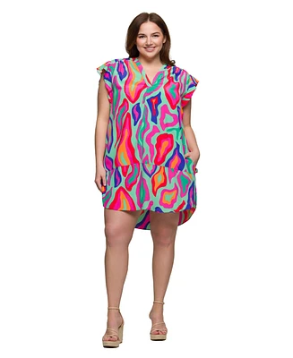 24seven Comfort Apparel Plus Size Print V-Neck Cap Sleeve Knee Length Pocket Dress