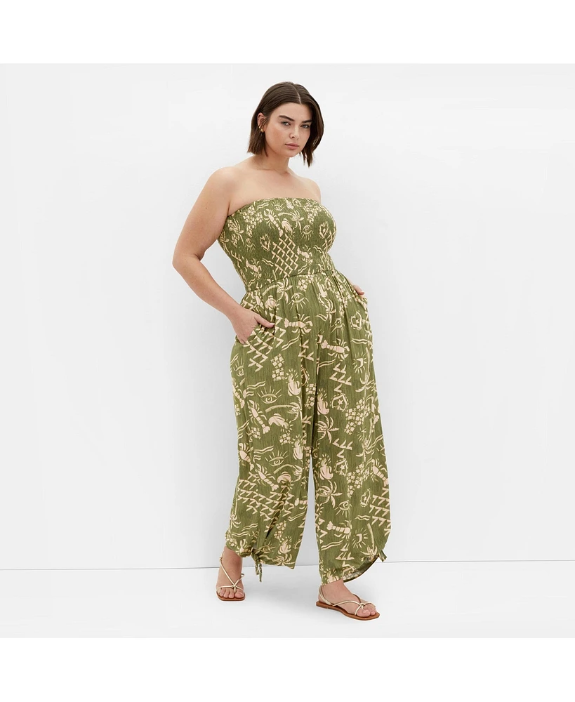 City Chic Plus Smocked Print Jumpsuit
