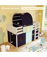 Twin Size Loft Bed Playhouse Bed Frame with Tower Tent and 3 Storage Pockets