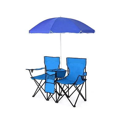 Foldable Camping Chair Outdoor Portable Picnic Double Chair with Umbrella Folding Beach Chair Backpacking Blue
