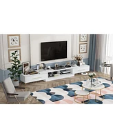 Tv stand with two drawers, retractable media console, white wooden entertainment center