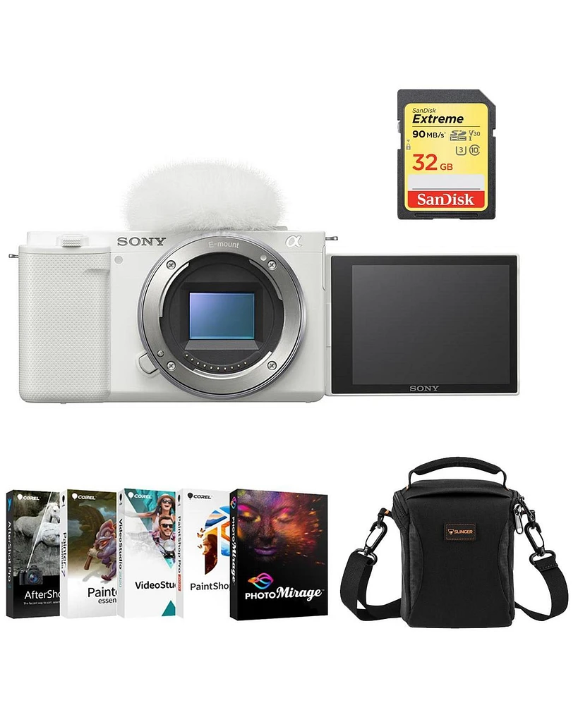 Sony Zv-E10 Mirrorless Camera, White Bundle with Corel Pc Software Suite, 32GB Sd Card, Shoulder Bag