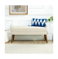 Modern Upholstered Bench with Looped Yarn Fabric, Soft Cushion, Geometric Armrests, and Rubber Wood Legs for Living Room, Bedroom, Entryway-The Po