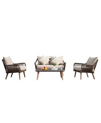 Patio Conversation Sets 4-Pieces, Handwoven Rattan Wicker Aluminum Frame Outdoor Patio Set, All-Weather Modern Rope Patio Loveseat with Coffee Table f