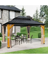 12x14 Ft Heavy-Duty Aluminum Hardtop Gazebo with Galvanized Steel Roof, Commercial-Grade Cedar Wood Outdoor Pavilion for Patio, Weddings