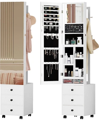 Jewelry Cabinet with 3 Drawers, Lockable Standing Jewelry Armoire