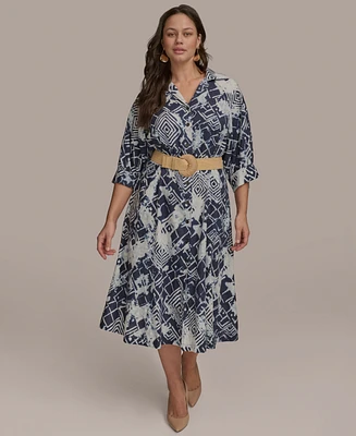 Donna Karan New York Plus Printed Belted 3/4-Sleeve Shirt Dress