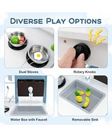 Double-Sided Wooden Play Kitchen with Stoves and Grocery Stand, Pretend Play Set