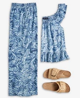 Nautica Womens Palm Print Ruffle Shoulder Chambray Top Pants