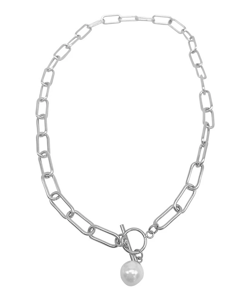 Adornia Tarnish Resistant Silver Pearl Paper Clip Toggle Necklace