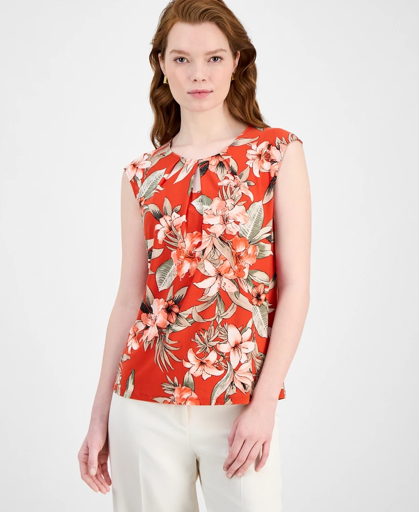Kasper Women's Floral Pleated-Neck Cap-Sleeve Top