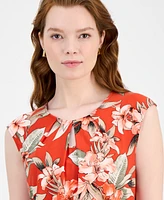 Kasper Women's Floral Pleated-Neck Cap-Sleeve Top