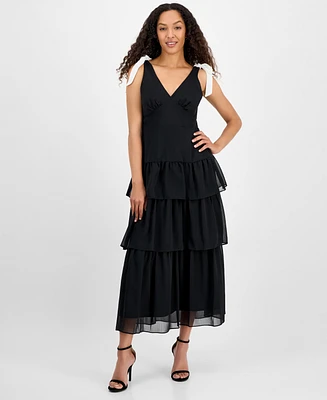 julia jordan Women's V-Neck Tiered-Ruffle-Trim Chiffon Dress