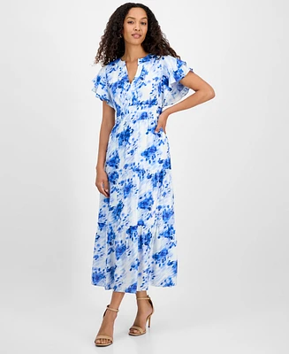 julia jordan Women's Printed Ruffle-Sleeve Midi Dress