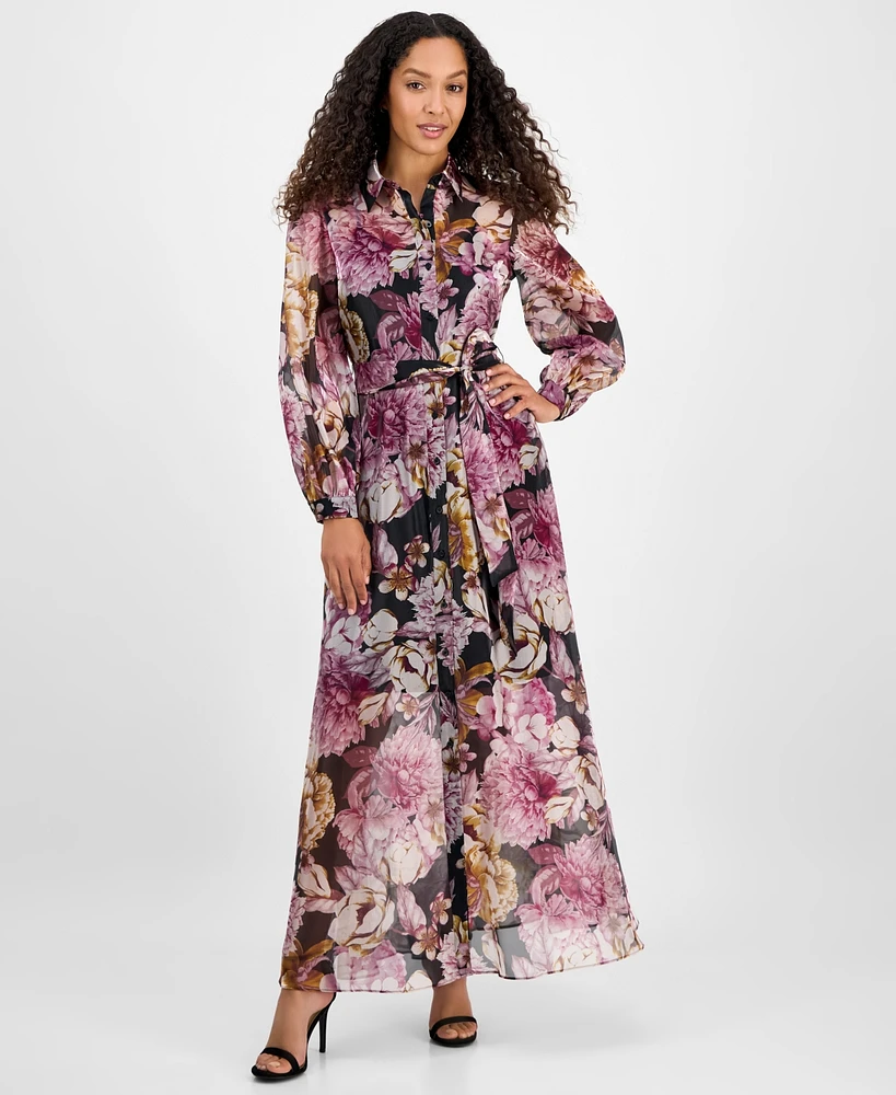 julia jordan Women's Printed Button-Front Organza Maxi Dress