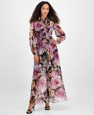 julia jordan Women's Printed Button-Front Organza Maxi Dress