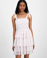Celebrity Pink Juniors' Floral-Print Smocked Tiered Chiffon Mini Dress