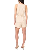 1.State Womens Square Neck Button Front Long Vest Pleated Shorts