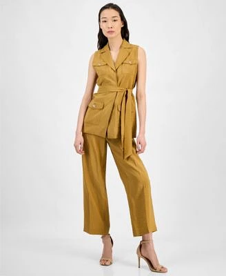 Anne Klein Womens Sleeveless Tie Waist Patch Pocket Jacket Pull On Wide Leg Ankle Pants