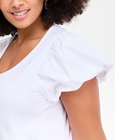 On 34th Trendy Plus U-Neck Short-Puff-Sleeve Cotton Top, Exclusively at Macy's
