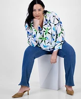I.n.c. International Concepts Plus Printed Surplice Long-Sleeve Blouse, Exclusively at Macy's
