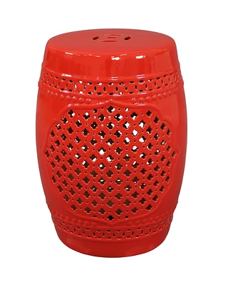 Marrakesh Ceramic Garden Stool Side Table with Lattice Design - Indoor or Outdoor 17.75-Inch Red Glazed Finish