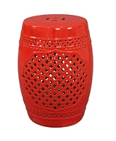 Marrakesh Ceramic Garden Stool Side Table with Lattice Design - Indoor or Outdoor 17.75-Inch Red Glazed Finish