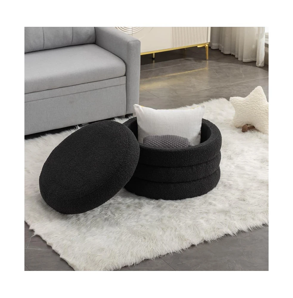 Boucle Storage Ottoman Footstool with Wooden Shelf for Living Room, Bedroom, Makeup Vanity, Entryway-The Pop Home