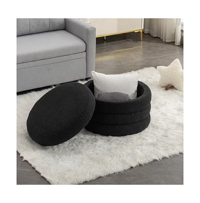 Boucle Storage Ottoman Footstool with Wooden Shelf for Living Room, Bedroom, Makeup Vanity, Entryway-The Pop Home