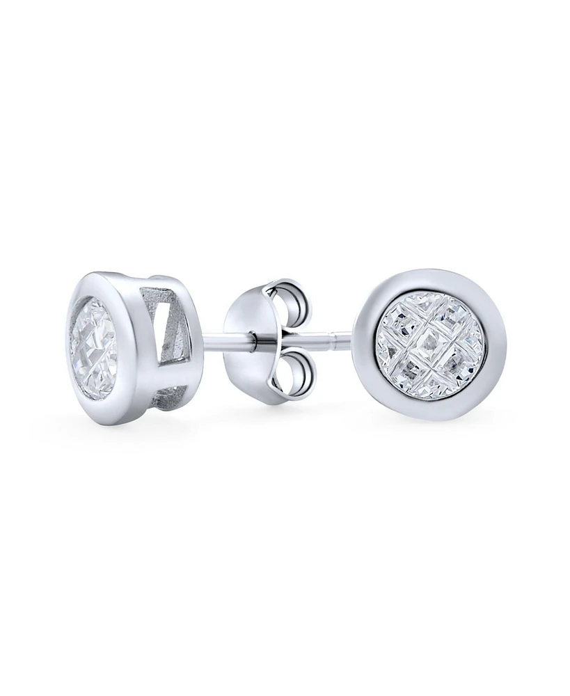 Bling Jewelry Geometric Round Cz Cubic Zirconia Bezel Set Checkboard Invisible Cut Stud Earrings .925 Sterling Silver 5 Mm