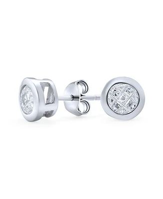 Bling Jewelry Geometric Round Cz Cubic Zirconia Bezel Set Checkboard Invisible Cut Stud Earrings .925 Sterling Silver 5 Mm