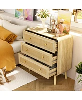 Nightstand with rattan wooden doors, Side table with three drawers and feet, wooden end table in wood colour, Bedside table for bedrooms, living rooms