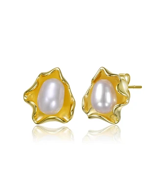 Sterling Silver 14K Gold Plated with White Freshwater Pearl Unique Wave Stud Earring