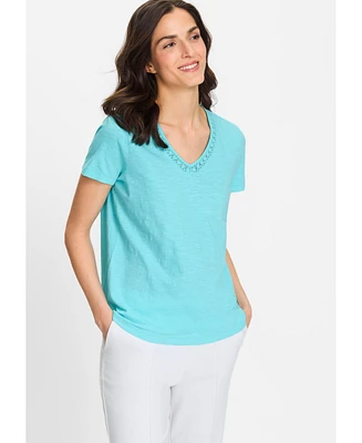 Olsen Women's Embroidered Neck T-Shirt
