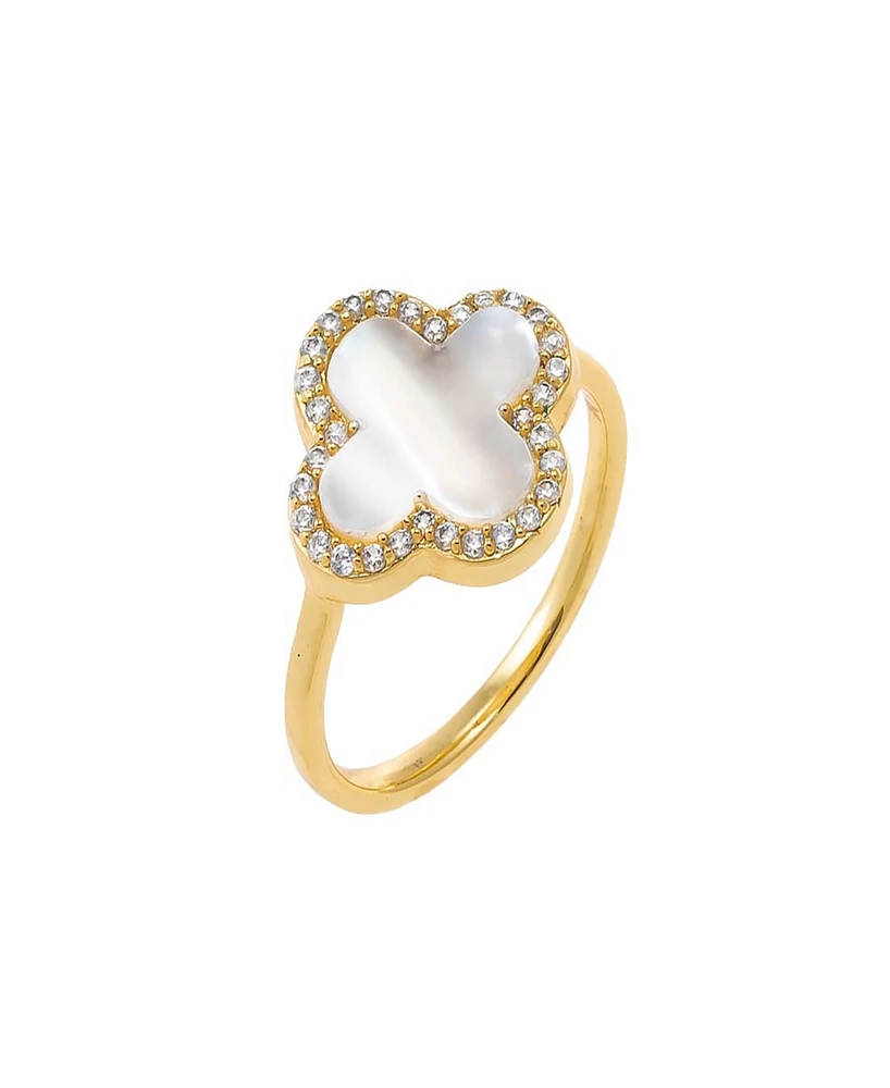 By Adina Eden Cubic Zirconia Pave Outlined Four Leaf Clover Stone Ring