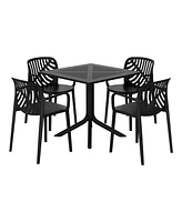 5-Piece Outdoor Resin Square Patio Dining Table Set with Modern Stackable Chairs